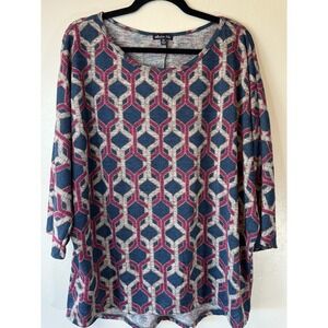 OLIVIA BLU Sz 2X Long 3/4 Sleeve Knit Top Blouse Shirt ‎ Geo Print*